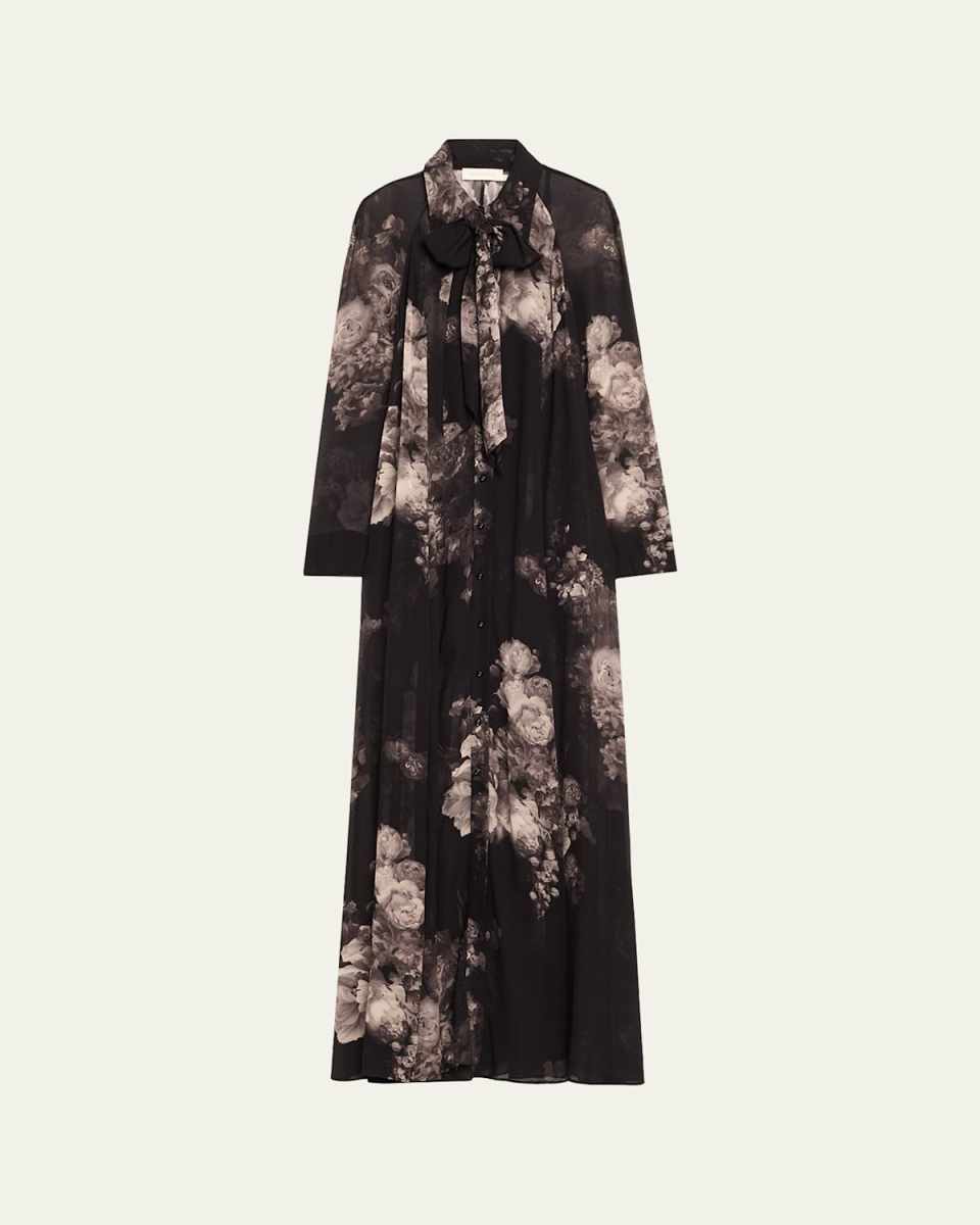 Long-Sleeve Floral Shirtdress with Bow